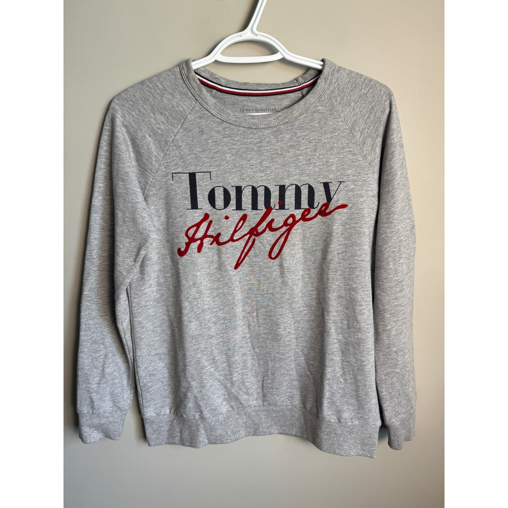 Tommy Hilfiger Womens Gray Script Logo Sweatshirt XS Slouchy Casual Preppy